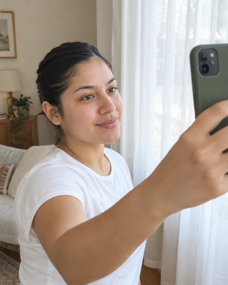 Mujer tomándose una selfie frente a una ventana con luz de día