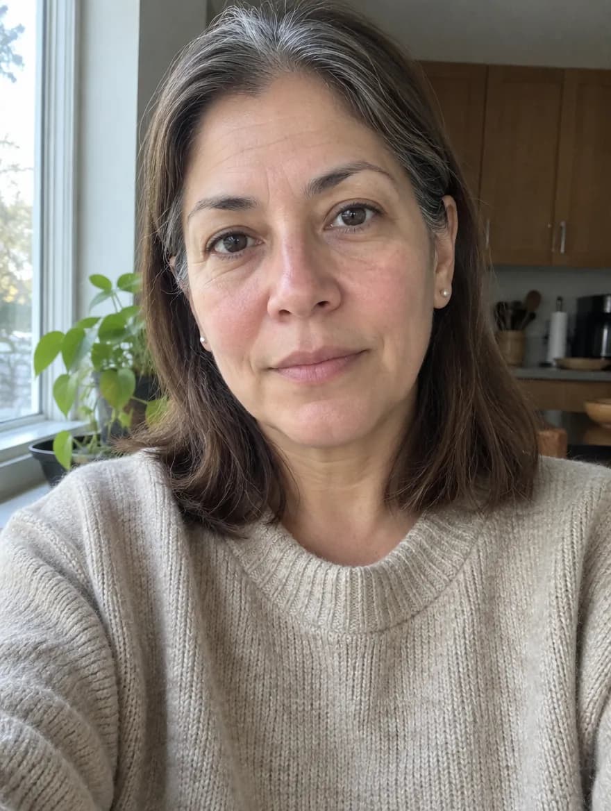 Antes: selfie junto a la ventana de la cocina, mujer de 48 años con canas en la raíz, cabello castaño opaco y suéter beige