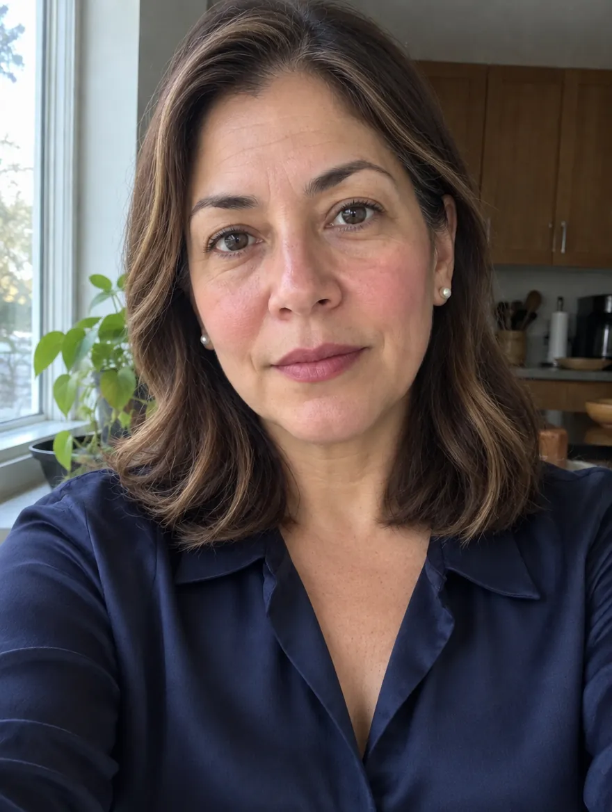 Después: la misma mujer en la misma cocina con cabello chocolate y luces caramelo, labial malva y blusa azul marino