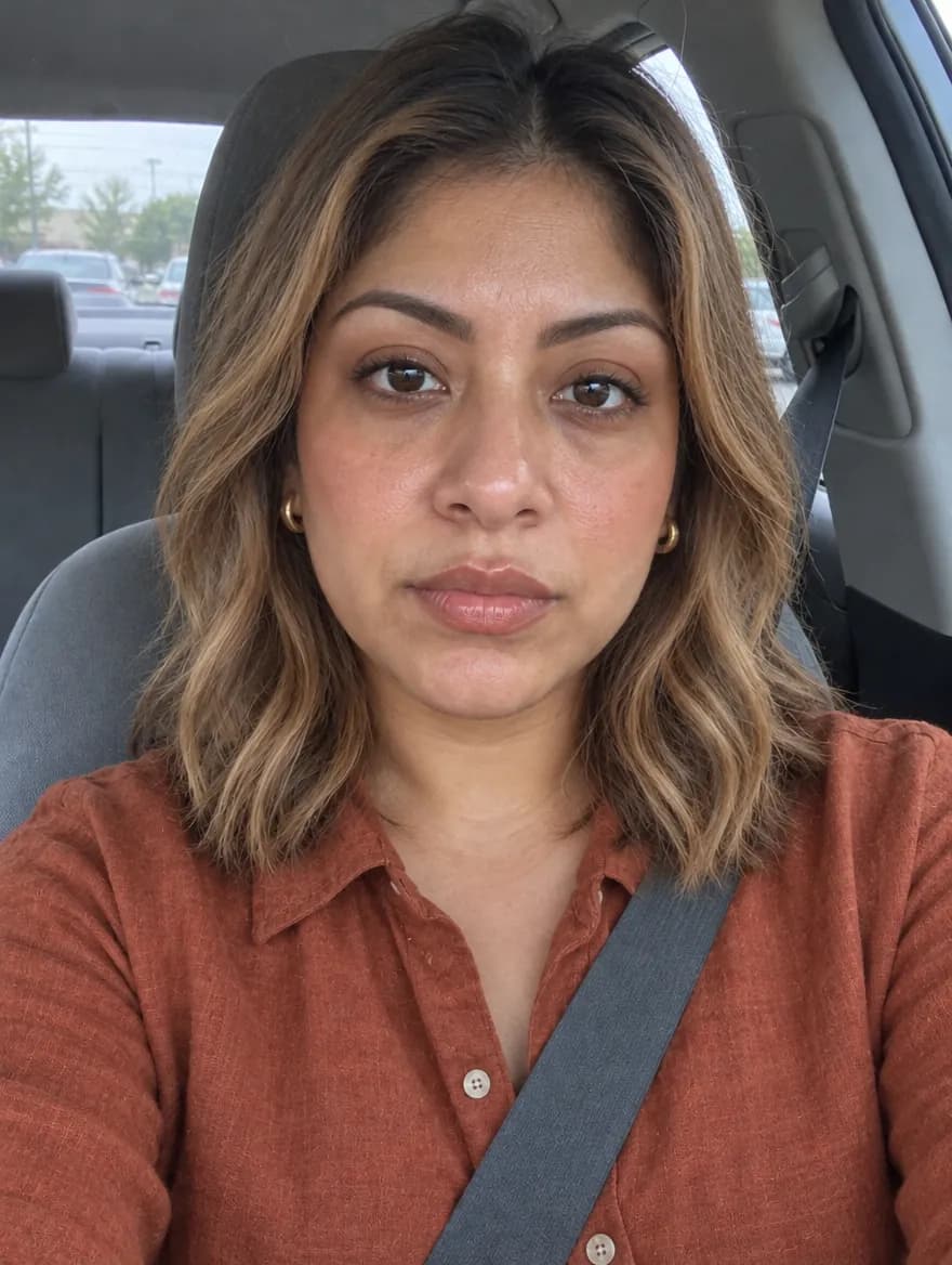 Después: la misma mujer en el mismo coche con balayage miel, maquillaje cálido y camisa de lino terracota