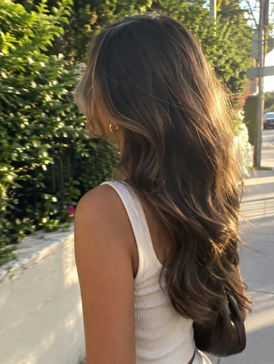 Cabello largo chocolate con ondas suaves y aretes de aro dorados