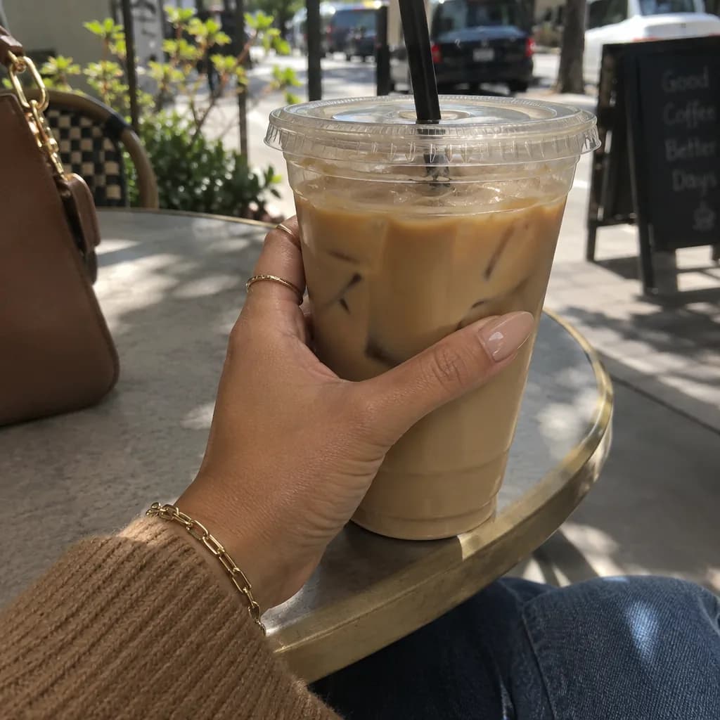 Mano con anillos dorados y uñas nude sosteniendo un café helado