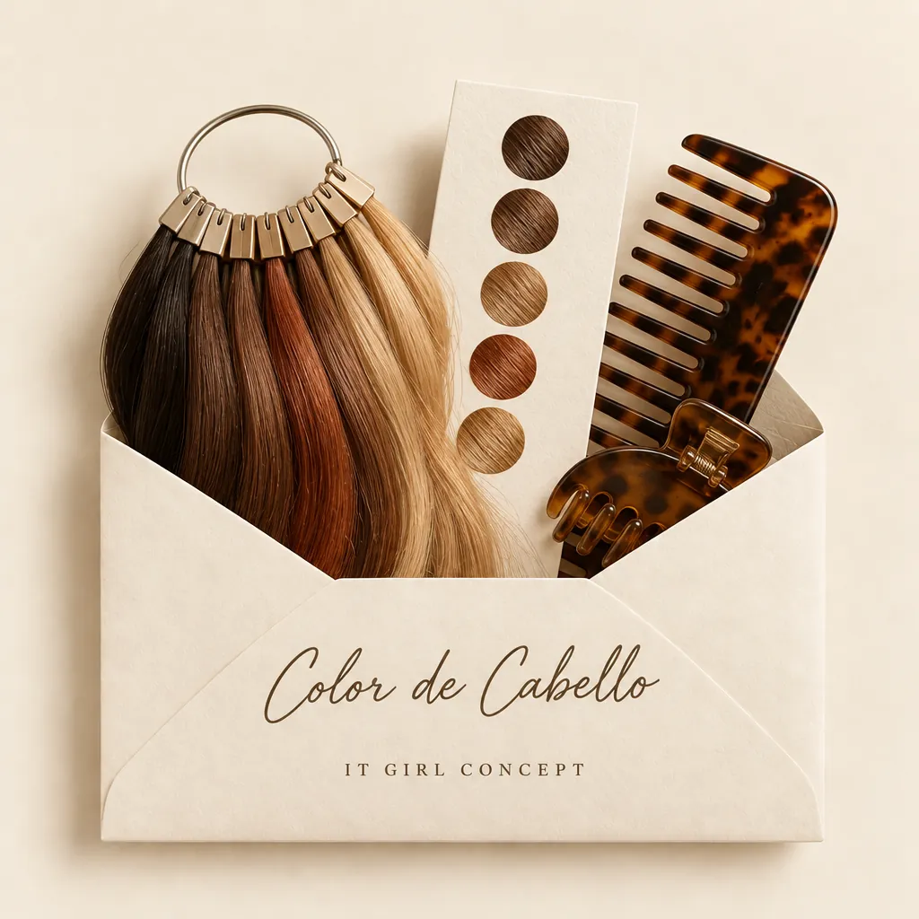 Sobre de Color de Cabello con un muestrario de mechones chocolate, caramelo, miel y cobre, y un peine de carey