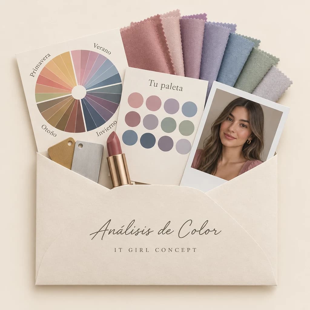 Sobre del Análisis de Color con la rueda de estaciones, una paleta, telas de muestra y un labial