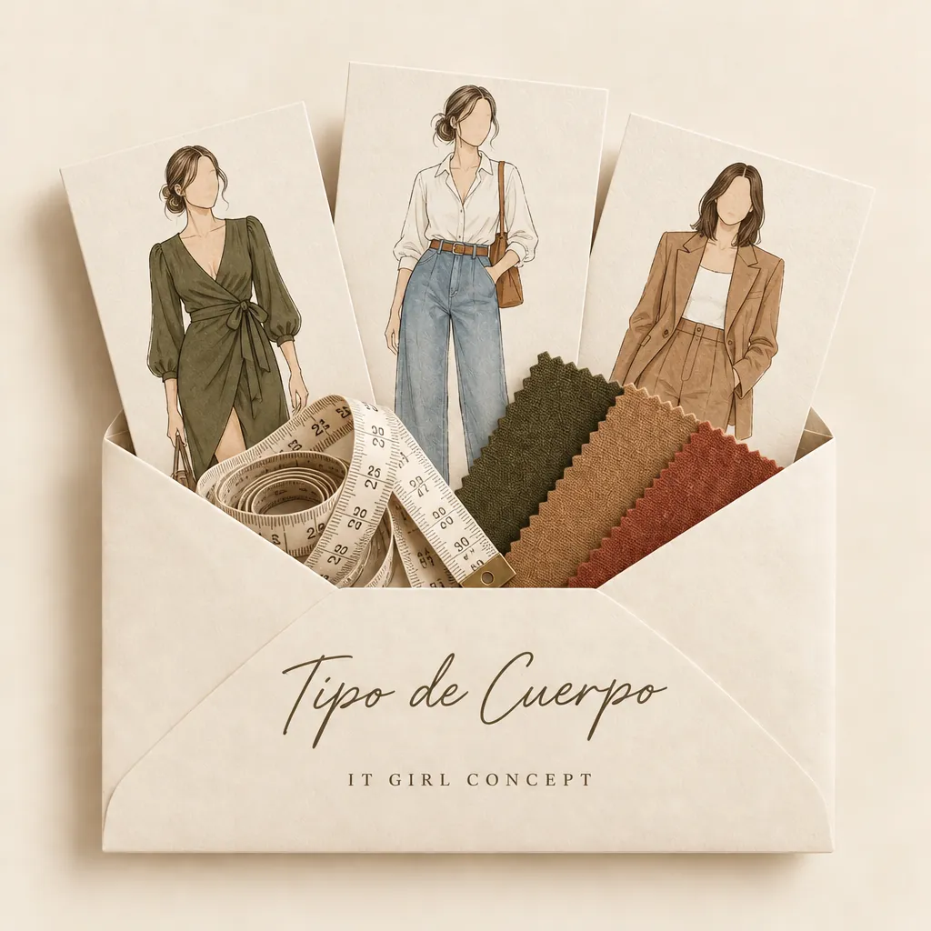 Sobre de Tipo de Cuerpo con ilustraciones de outfits, una cinta métrica y telas olivo, camel y óxido