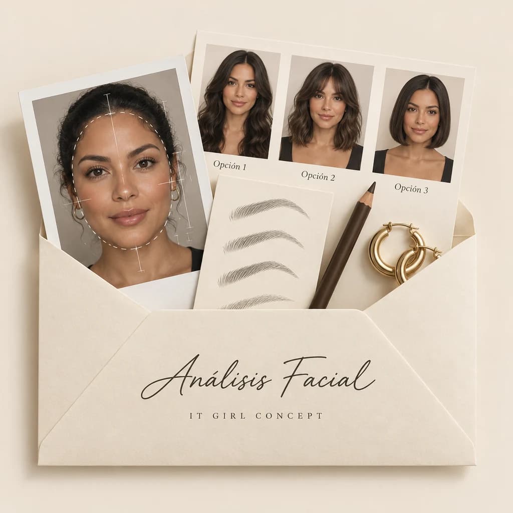 Sobre del Análisis Facial con una polaroid con guías de proporciones, tres opciones de corte, formas de ceja y un lápiz