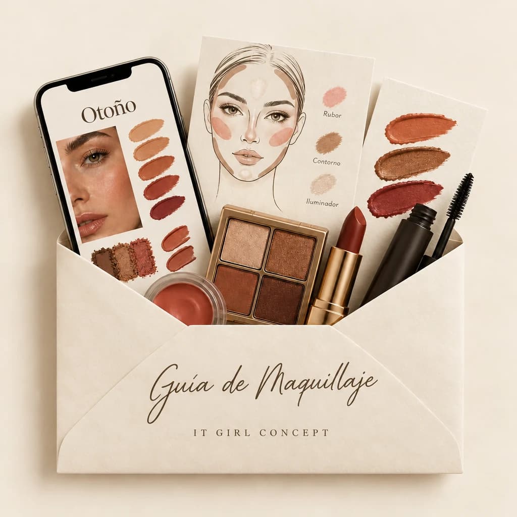 Sobre de la Guía de Maquillaje con la paleta en un celular, sombras, rubor y un labial